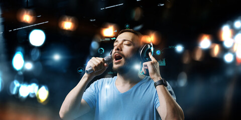 Young man with headphones . Mixed media