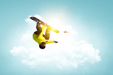 Snowboarder and Alps landscape . Mixed media