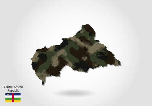 central African Republic map with camouflage pattern, Forest - green texture in map. Military concept for army, soldier and war. coat of arms, flag.