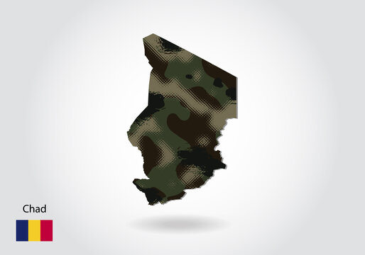  chad map with camouflage pattern, Forest - green texture in map. Military concept for army, soldier and war. coat of arms, flag.