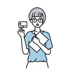 立って書類とカードを手に持つ教師の女性