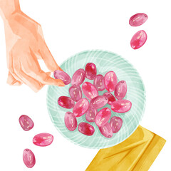 お皿に乗った果物の葡萄の手描き水彩風イラスト