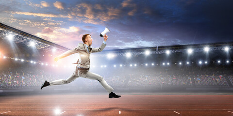 Fototapeta na wymiar Portrait of energetic businessman running