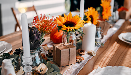 Were thankful for your company. Shot of a table set up for a Thanksgiving celebration at home.