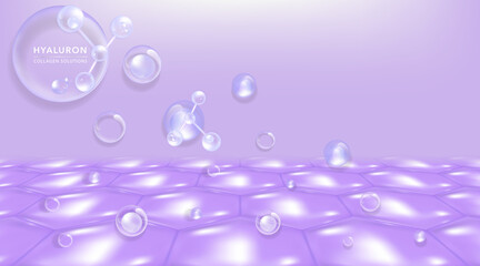 Hyaluronic acid skin solutions ad, purple collagen serum drops with cosmetic advertising background ready to use, illustration vector.