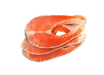 Top view of fresh salmon fish steak isolated on white background with clipping path..
