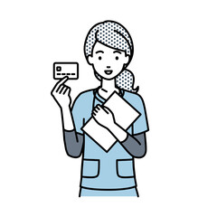 立って書類とカードを手に持つ看護師の女性