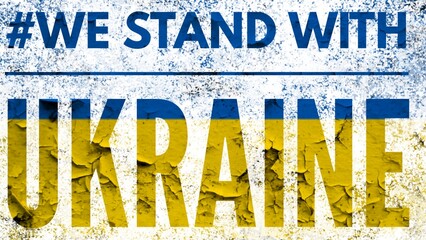 We stand with Ukraine. Text in Ukrainian flag colors.