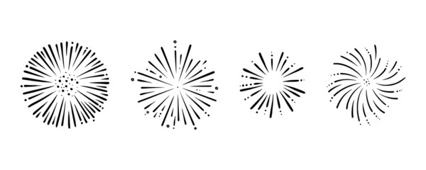 Doodle firework set. Radial foreworks for parties and celebrations. Vector illustration isolated in white background