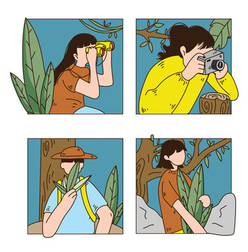 Tourist, hiking people, adventures, taking a photo, using binoculars in forest nature isolated on white background flat vector illustration