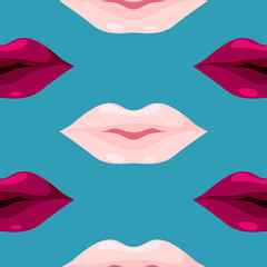 Seamless pattern with lips pink and ruby color on a blue background. Vector, abstract