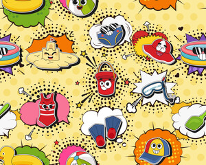 Vector flat seamless texture pattern Hand drawn flat trendy cartoon elements collection Children Summer