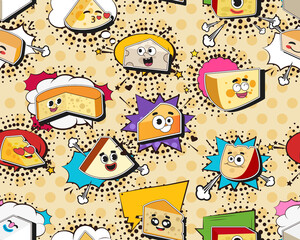 Vector flat seamless texture pattern Hand drawn flat trendy cartoon elements collection Cheese
