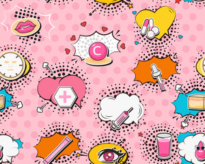 Vector flat seamless texture pattern Hand drawn flat trendy cartoon elements collection collagen