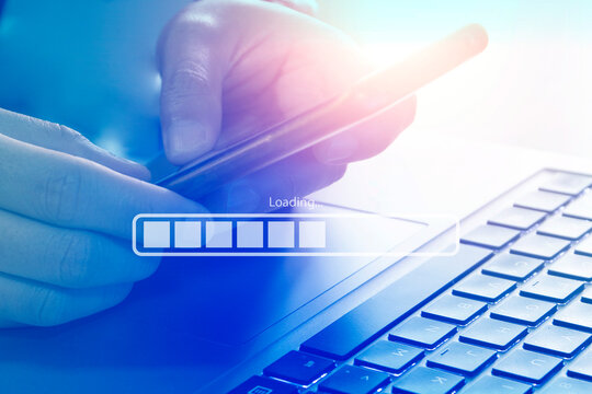 man using mobile phone to download file from network with progress bar - Powered by Adobe