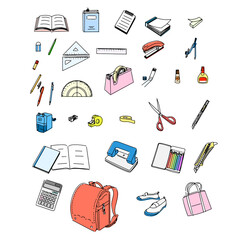 学校で使う文房具セット（シンプル、手描き）