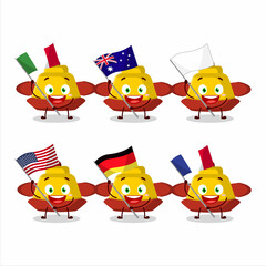 Yellow chinese hat cartoon character bring the flags of various countries