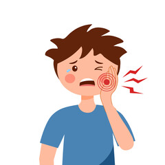 Little boy having painful toothache cartoon character in flat design. Dental problem and oral treatment concept.
