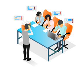 Isometric style illustration about a business team meeting with a character in deep thought