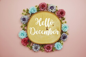 Hello December typography text decorate with flower on pink background