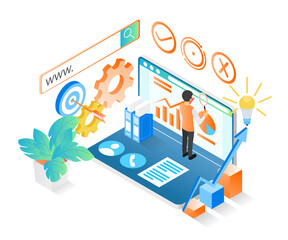 Isometric style illustration of seo data analysis