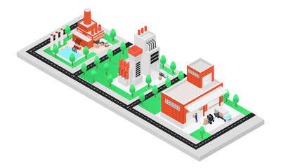 Isometric style illustration about process of delivery of production goods from factory to warehouse