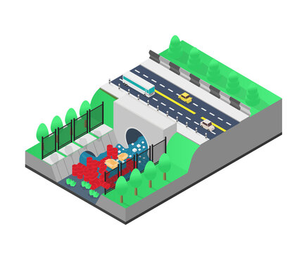 Isometric style illustration about garbage piled up in a river blocking the flow of water