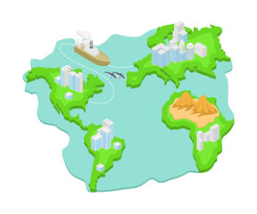 Isometric style illustration about a map of the islands between countries with passing ships