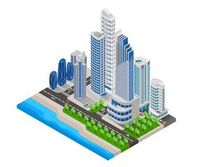 Isometric style illustration of big city map with beach and highway