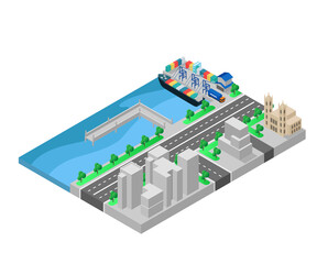 Isometric style illustration of office and warehouse in port