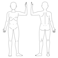 左手上げて左足を広げている人体図