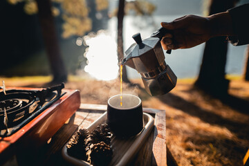 Camping and coffee at Pang Ung in the morning - obrazy, fototapety, plakaty