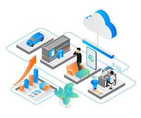 Isometric style illustration of online car rental marketing with cloud data storage