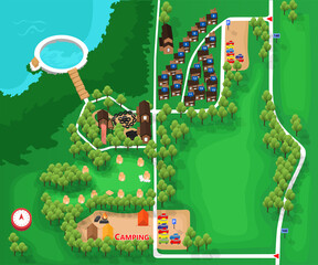 Isometric style illustration of campsite and lodging map - obrazy, fototapety, plakaty
