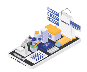 Isometric style illustration of online pharmacy