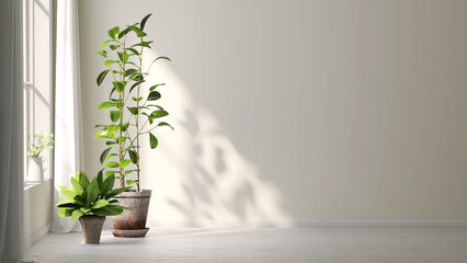 Variety of tropical green plants in pots with morning sun light from window, casting shadow on clean white wall and floor. 3D render for home renovation, house plants, nature indoor garden background. - Powered by Adobe