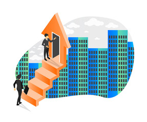 Isometric style illustration of climbing the ladder of success