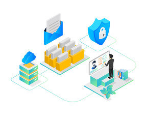Isometric style illustration of email security with cloud storage