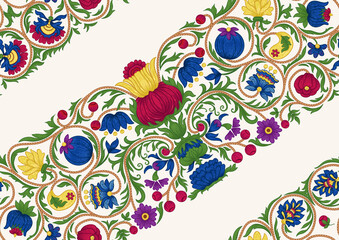 Fantasy flowers in retro, vintage, embroidery style. Seamless pattern, background. Colored vector illustration.