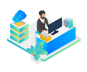 Isometric style illustration of cloud storage with server and programmer