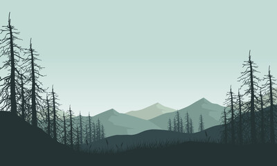 Mountain view with a realistic silhouette of dry pine trees from countryside outskirt in the morning