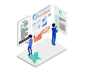 Isometric style illustration of business analysis and statistical search pointing up