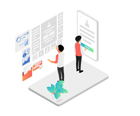 Isometric style illustration of registering and logging in on a buying and selling website
