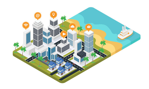 Isometric style illustration of urban map with icons on top of buildings