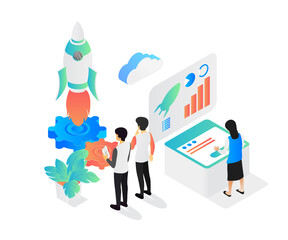 Isometric style illustration of rocket launch with smartphone