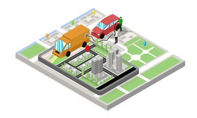 Isometric style illustration online refueling with gps