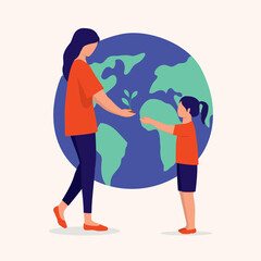 Adult Woman Passing The Plant To The Little Girl. Save The Earth.