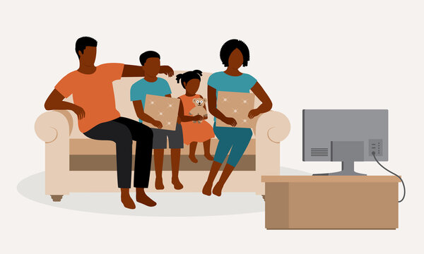 Black Family Watching TV Together At Home.