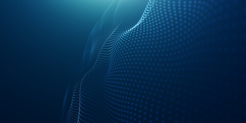 Blue particles wave background. Abstract dynamic mesh. Big data technology.	