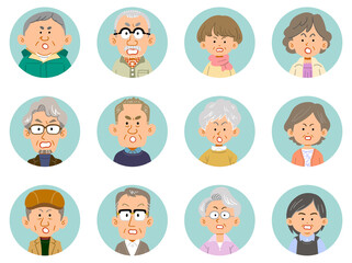 12人のシニアの男女の怒りの表情のアイコン
